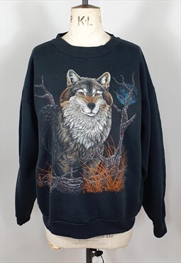 Vintage TULTEX Wolf & Blue Moon Black Graphic Sweatshirt XL
