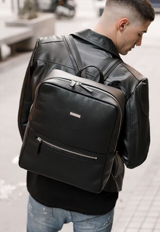 BLACK REAL LEATHER BACKPACK