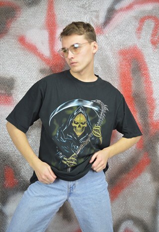VINTAGE BLACK SKULL HEAD ANIME RAVE T-SHIRT