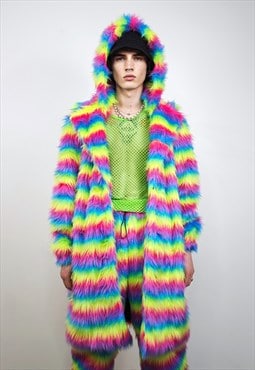 Rainbow fur coat hooded rave striped festival trench jacket