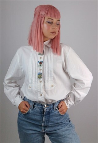 VINTAGE 80'S TIROLEAN BLOUSE / PUFF SHIRT PLEATS DETAILS