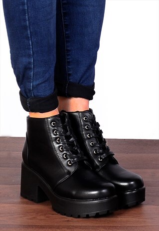 BLACK PU LACE UPS CLEATED PLATFORMS ANKLE BOOTS HIGH HEELS