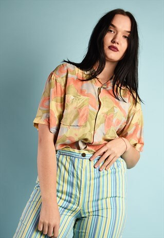 90'S RETRO FLORAL PRINT PURE SILK OVERSIZED SHIRT BLOUSE