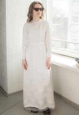Vintage 70's White Textured Long Sleeved Maxi Wedding Dress