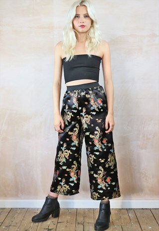 TROUSERS IN BLACK CHINESE DRAGON SATIN