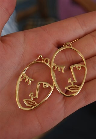 ABSTRACT HOLLOW FACE GOLD ALLOY DROP STUD EARRINGS