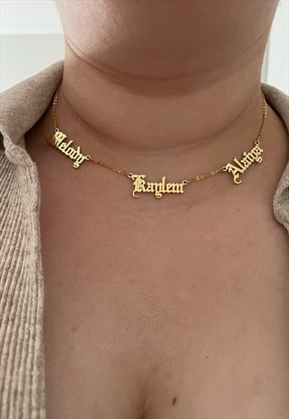 PERSONALISED 3 OLD ENGLISH LETTER NAMES NECKLACE