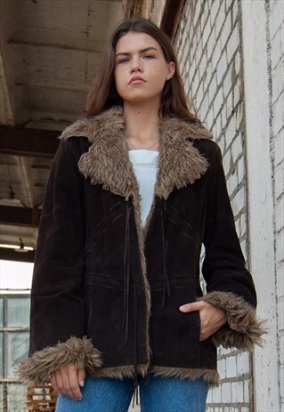 WOMENS VINTAGE RETRO BROWN SUEDE FAUX FUR JACKET