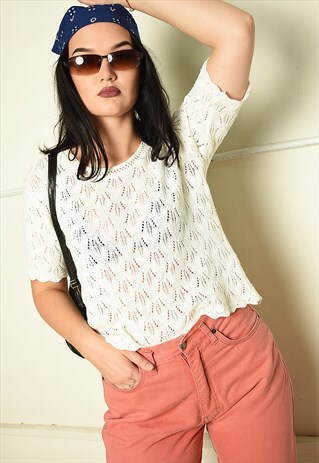 VINTAGE 90S RETRO PARIS CHIC KNIT SHEER TOP IN WHITE