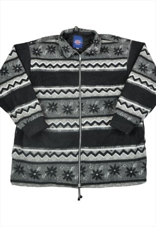 Vintage Fleece Jacket Retro Pattern Grey/Black Ladies Large
