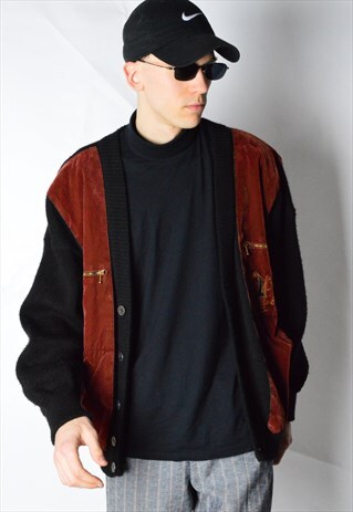 VINTAGE 80S VELVETY BLACK KNIT YACHT CLUB CARDIGAN