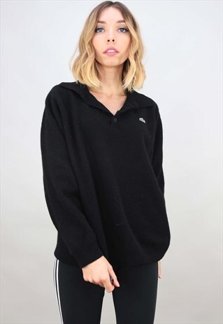 VINTAGE OVERSIZED BLACK LACOSTE WOOL 1/4 BUTTON JUMPER