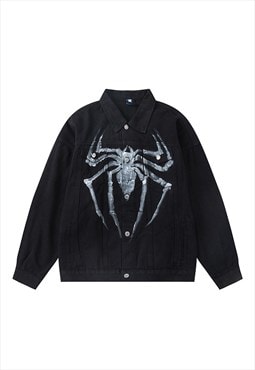 Spider print denim jacket grunge jean bomber in black