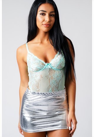 SILVER PVC HUG FITTING METALLIC WET LOOK BODYCON SHORT SKIRT