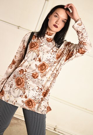 VINTAGE Y2K LYCRA TURTLENECK BLOUSE TOP WITH FLORAL PRINT