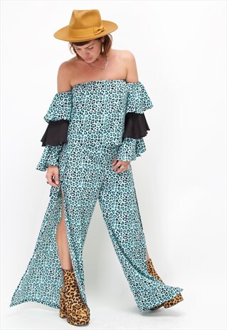 BLUE ANIMAL PRINT WIDE LEG SPLIT TROUSERS