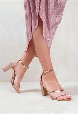 Perla mid high block heel sandals with ankle strap rose gold