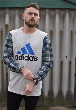 90'S GRUNGE ADIDAS REWORK T WITH VINTAGE CHECK SHIRT SLEEVES