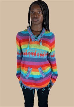 2000s Kidcore Rainbow Fringe Hoodie Pullover Sweater 