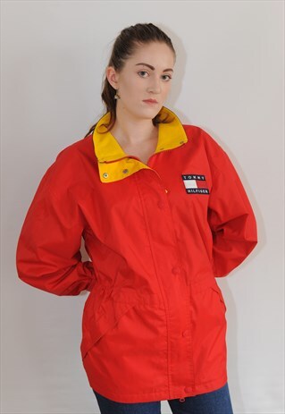 WOMENS VINTAGE FESTIVAL TOMMY HILFIGER RED RAIN COAT JACKET