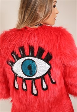 Threaded Tribe Exclusive Red Faux Fur Illuminati Eye Jacket