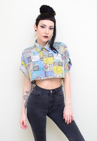 VINTAGE 90'S RETRO ABSTRACT REWORKED CROP SHIRT