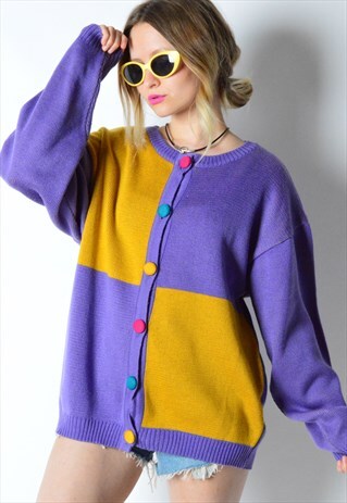 VINTAGE 80S PURPLE COLOUR BLOCK CARDIGAN
