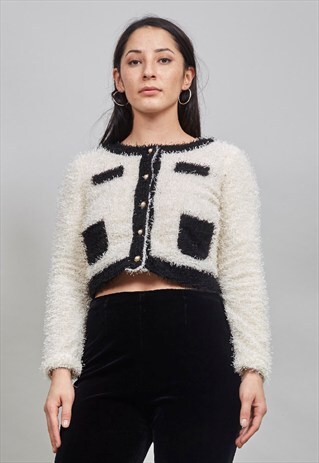 VINTAGE 90'S CREAM CROPPED FLUFFY CARDIGAN