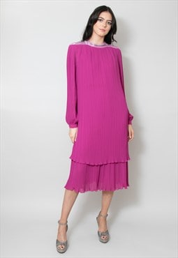 80's Pink Parigi Beaded Long Sleeve Tiered Midi Dress