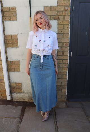 90S VINTAGE HIGH WAISTED DENIM MAXI SKIRT