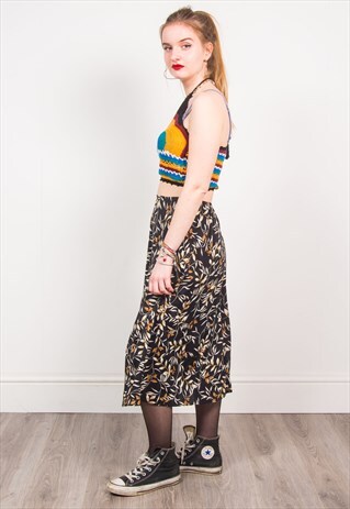 VINTAGE 90'S BLACK LEAF PRINT HIGH WAIST MIDI SKIRT