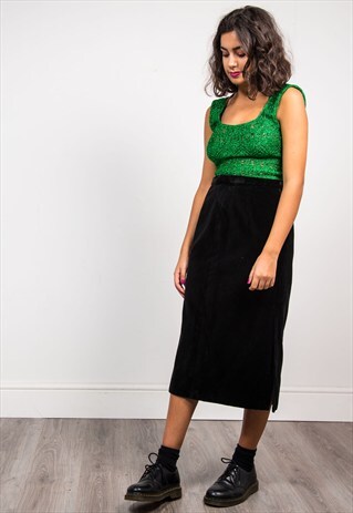 90'S VINTAGE BLACK VELVET MIDI STRAIGHT SKIRT