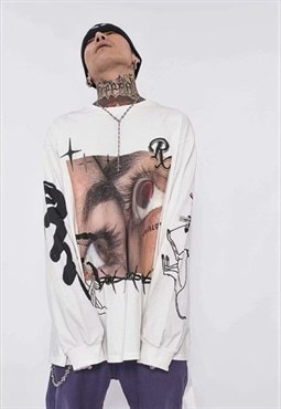 Cyber glitch sweat top graffiti jumper eye print tee white