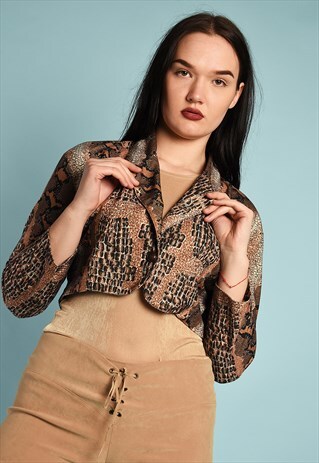 VINTAGE 80'S RETRO SNAKE ANIMAL PRINT CROPPED JACKET