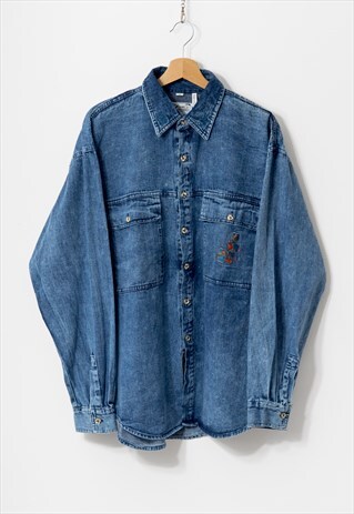 Vintage 90s denim shirt in blue with embroidered mice