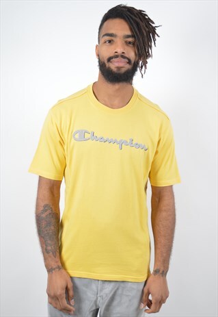 CHAMPION MENS VINTAGE T-SHIRT TOP MEDIUM YELLOW 90S