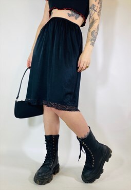 Vintage 90s 00s Y2K Satin Lace Black Midi Slip Skirt