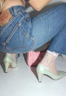 Vintage 70s Mint Pastel Green Leather Court Shoe Heels 