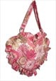 PINK VINTAGE FLORAL RUFFLE HEART TOTE BAG