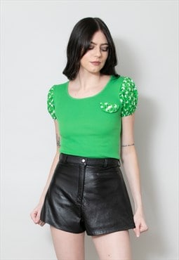Ladies 70's Green Vintage Skinny Rib Puff Sleeve T-shirt  
