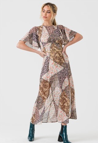 MIDI DRESS WITH SIDE SPLITS IN PATCHWORK FLORAL PRINT