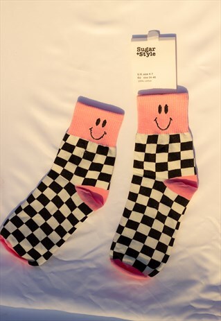 Pink Checkerboard Smiley Face Socks