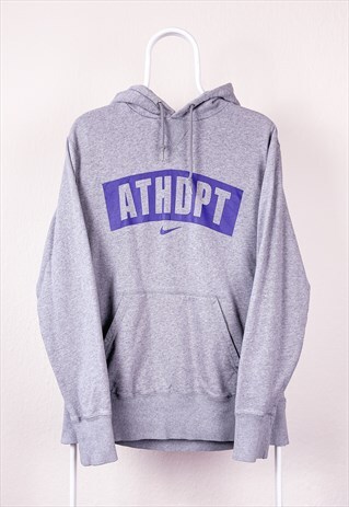 VINTAGE NIKE HOODIE CENTRE LOGO GREY MEDIUM SWOOSH SPELL OUT