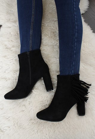 BLACK FAUX SUEDE FRINGE TASSEL BLOCK HEEL ANKLE BOOT
