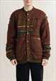 VINTAGE 80S LINED BROWN CRAZY PATTERN CARDIGAN JACKET XL