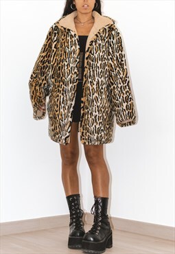 Vintage 90s Reversible Leopard Faux Fur Quilted Coat jacket