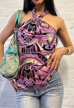 y2k Colourful Paisley Halter Neck Top with Tie Back Detail