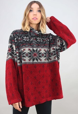 VINTAGE 90S OVERSIZED 1/4 ZIP PATTERNED TEDDY FLEECE