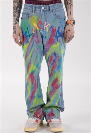 REWORKED INK PRINT JEANS GRAFFITI TIE-DYE DENIM OVERALLS