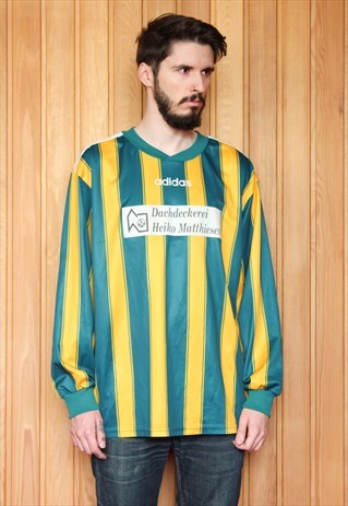 VINTAGE 1990S GREEN AND YELLOW STRIPED ADIDAS FOOTBALL SHIRT